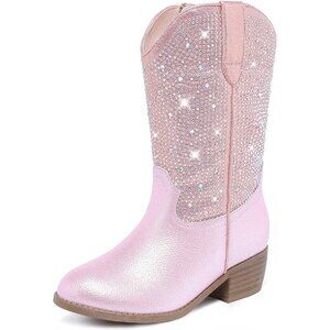 🆕Rhinestone Kids Girls Dusty Pink Cowgirl Boots Sparkly Dress Boot Pointed Toes